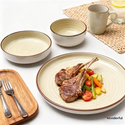 Cyan Concentric Spiral Ceramic Dinnerware Set With Brown Color Rim Cyan Concentric Spiral Ceramic Dinnerware Set With Brown Color Rim