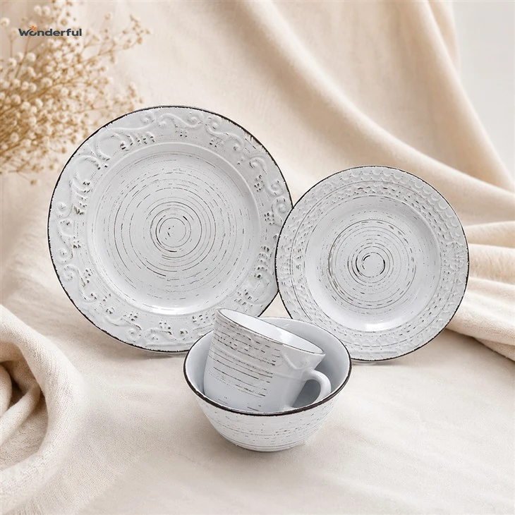 Rustic Embossed White Stoneware Dinnerware Set factory